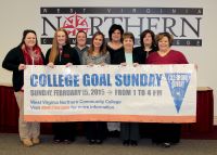 West Virginia Northern Community College is hosting College Goal Sunday Feb. 15 on its Wheeling campus and financial aid experts from four area institutions of higher education will be providing assistance in filling out the FAFSA form. Front row, holding the sign, from left, are Erika Rohrig, Bethany College; Molly Daniels, Wheeling Jesuit University; Kelly Dlesk, WVNCC; Janet Fike, WVNCC, and Christi Tomczyk, Wheeling Jesuit University. In back, from left, are Sarah Griffith, WVNCC; Kim Hart, WVNCC, and Renee Ash, Wheeling Jesuit University. Absent from the photo is Katie Cooper, West Liberty University, who also will be participating.  